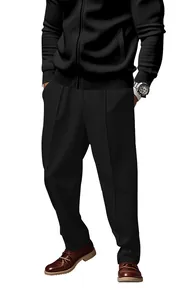 Full view of men's casual black zip-up hoodie and matching loose-fit trousers set