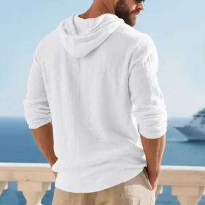 Back view of men's white linen hooded shirt showing the breathable fabric texture