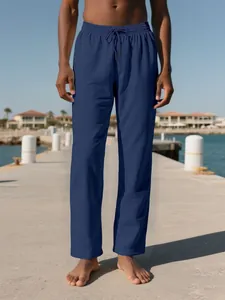Pantalones de playa para hombre en algodón y lino azul marino con cordón en la cintura