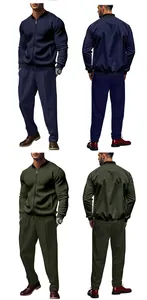 Close-up of men's casual tracksuit set in navy blue and olive green colors, front and back views