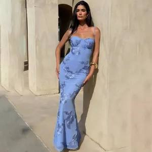 Elegant light blue floral applique maxi dress with slim fit and spaghetti straps for summer.