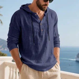 Detail of navy blue linen hooded Henley shirt with breathable fabric and long sleeves