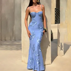 Elegant light blue maxi dress featuring intricate 3D floral embroidery and a slim fit.