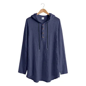 Detail of a navy blue hooded linen-blend Henley t-shirt for men on a wooden hanger