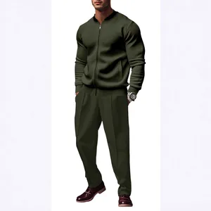 Men's olive green casual tracksuit with zip-up jacket and loose-fit trousers