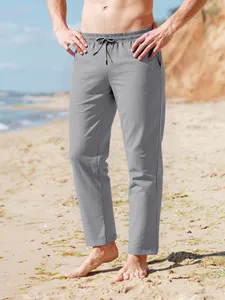 Pantalones de algodón y lino grises para hombre con cordón ajustable y cintura elástica