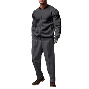 Men's American style casual loose fit grey jacket and trousers two-piece outfit set