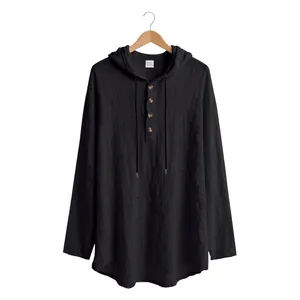 Men's black hooded long sleeve Henley shirt made of breathable linen cotton fabric.