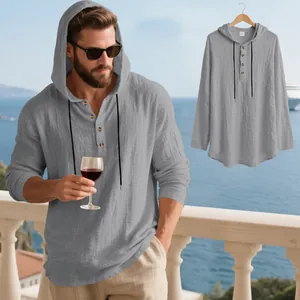 Close-up detail of a breathable gray linen hooded long-sleeve Henley T-shirt for men