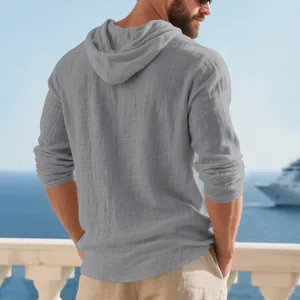 Detailed back view of a grey breathable linen hooded long sleeve shirt for men