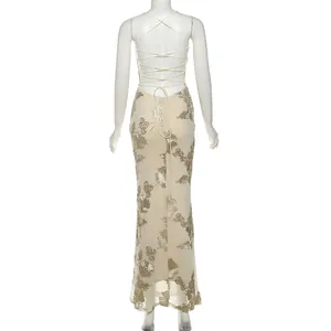 Back view of sexy backless lace-up long dress with gold floral embroidery detail