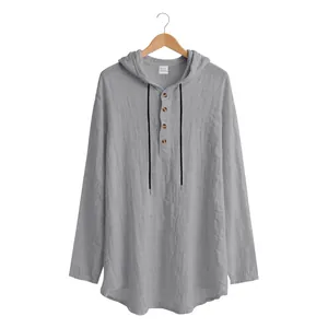 Detailed view of grey long-sleeve hooded Henley shirt with breathable linen texture