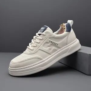 Men's Fashion Board Shoes Top Layer Cowhide Leather Sneakers Lightweight Breathable Casual Sneakers For Daily Walking Thick Sole Lace Up Shoes