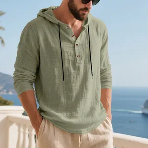 Men's breathable sage green linen hooded long sleeve Henley shirt for beach wear.