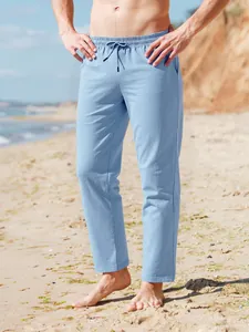 Pantalón de Playa de Algodón y Lino Casual para Hombre Color Sólido Transpirable con Cordón Cintura Elástica Pierna Recta