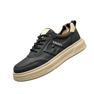 High-quality men's fashion leather sneakers in black and beige, lightweight board shoes