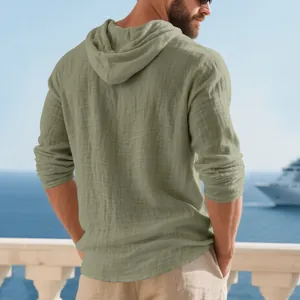 Back view of a breathable sage green linen hooded long sleeve t-shirt for men