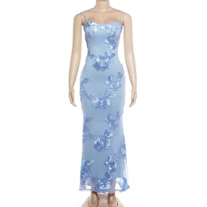 Front view of an elegant light blue floor-length dress with detailed floral embroidery.