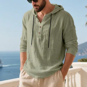 Men's olive green linen hooded Henley shirt, breathable long sleeve tee for beach and casual