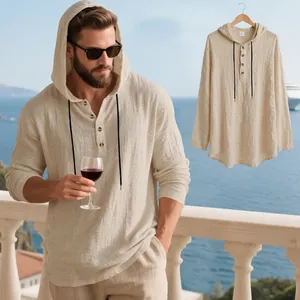 Detailed close-up view of men's beige linen hooded long-sleeve Henley shirt for beach