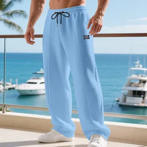 Summer men's light blue waffle texture casual loose straight-leg breathable pants