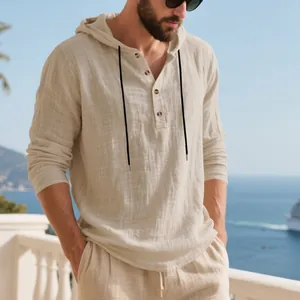 Detailed view of men's breathable linen hooded Henley shirt in a stylish beige color