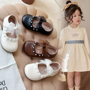 Girls Princess Mary Jane Shoes PU Leather Soft Sole Mesh Bowknot Artificial Pearl School Wedding Party Spring Flat Shoes