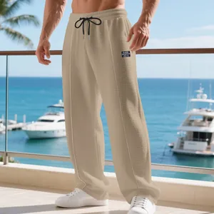 Men's summer casual waffle texture loose straight-leg pants with drawstring waist