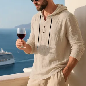 Men's cream linen hooded Henley shirt perfect for a casual beach vacation style look