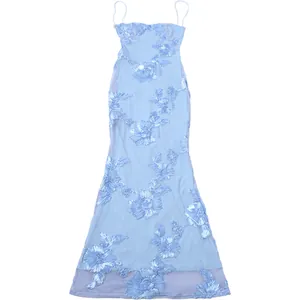 Detail view of light blue floral lace and sheer mesh texture on an elegant backless maxi dress