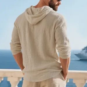 Detailed back view of a breathable men's beige linen hooded shirt for beach vacation