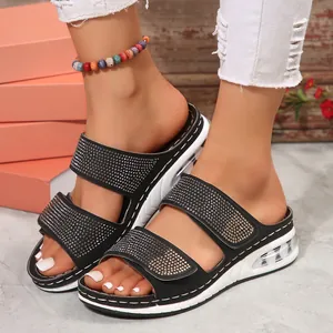 Stylish women's black wedge sandals with rhinestones and comfortable air cushion sole