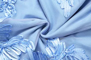 Detailed view of light blue mesh fabric with elegant floral embroidery patterns