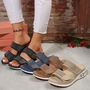 Stylish women's rhinestone wedge sandals with platform air cushion and magic tape straps.