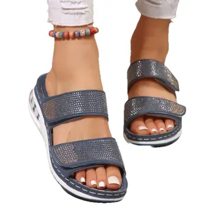 Blue rhinestone wedge sandals with platform air cushion and velcro straps for women