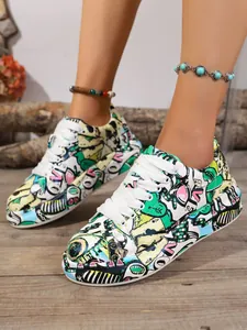 Colorful graffiti sneakers with 'LOVE' print on a thick sole, round toe lace-up style