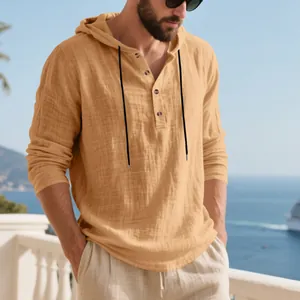 Men's breathable linen hooded Henley shirt for casual beach wear in sandy apricot