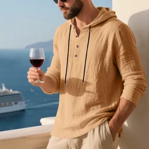 Detail of men's linen hooded long sleeve Henley shirt in breathable khaki fabric