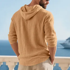Back view of men's ginger linen hooded long sleeve shirt with breathable waffle texture