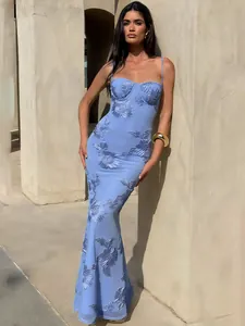 Sexy light blue floral applique maxi dress with spaghetti straps and open back