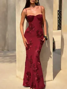 Elegant burgundy mermaid evening dress with 3D floral embroidery and spaghetti straps