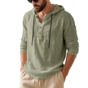 Stylish men's breathable linen hooded Henley t-shirt with long sleeves in sage green color