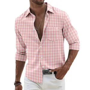 Men's stylish pink and white gingham long sleeve shirt with lapel collar and pocket