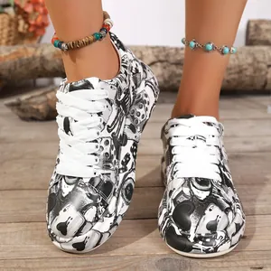 Stylish women's thick sole sneakers with black and white graffiti and poker print