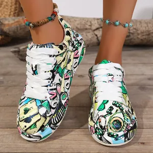 Vibrant colorful graffiti print platform sneakers with lace-up casual design