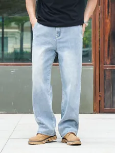 Men Straight Leg Jeans Light Blue Washed Distressed Plus Size Loose Denim Pants With Artificial Pearl Beading Streetwear