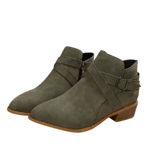 Stylish olive green pointed toe block heel ankle boots with side zipper and buckle detail