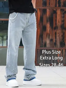 Light blue straight-leg jeans for men with pearl bead embellishments and loose comfort fit