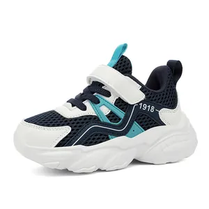 Breathable navy blue and white children's mesh sneakers with velcro strap