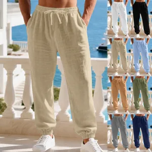 Men's Casual Linen Blend Cuffed Pants Drawstring Loose Beach Trousers Spring Autumn Leisure Joggers